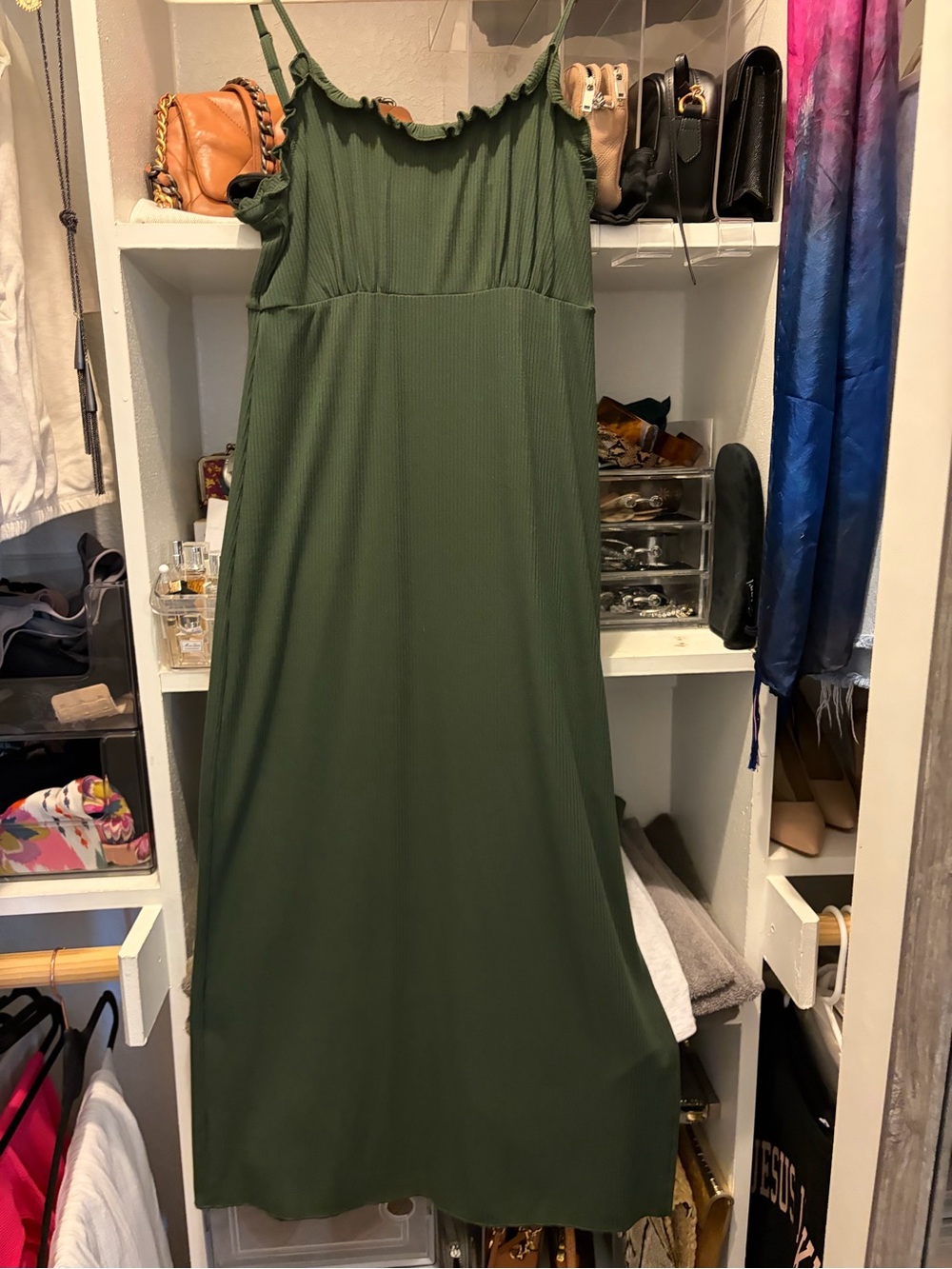Olive Green Ruffle-Trim Fitted Dress